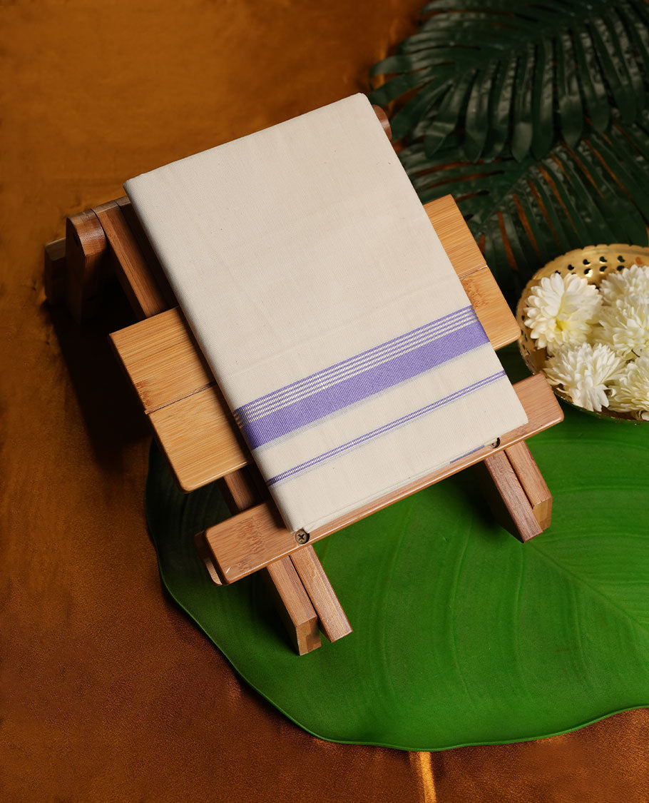 Cream Colour Pure Cotton single Dhoti with Lavender Colour Border for Men