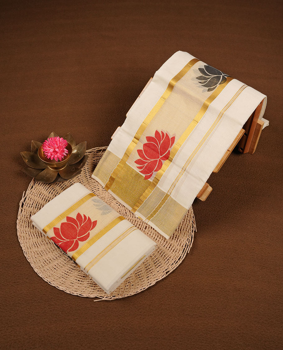 Off white colour cotton set mundu highlights red and green border featuring lotus print across border (2.00/2.80 MTS)