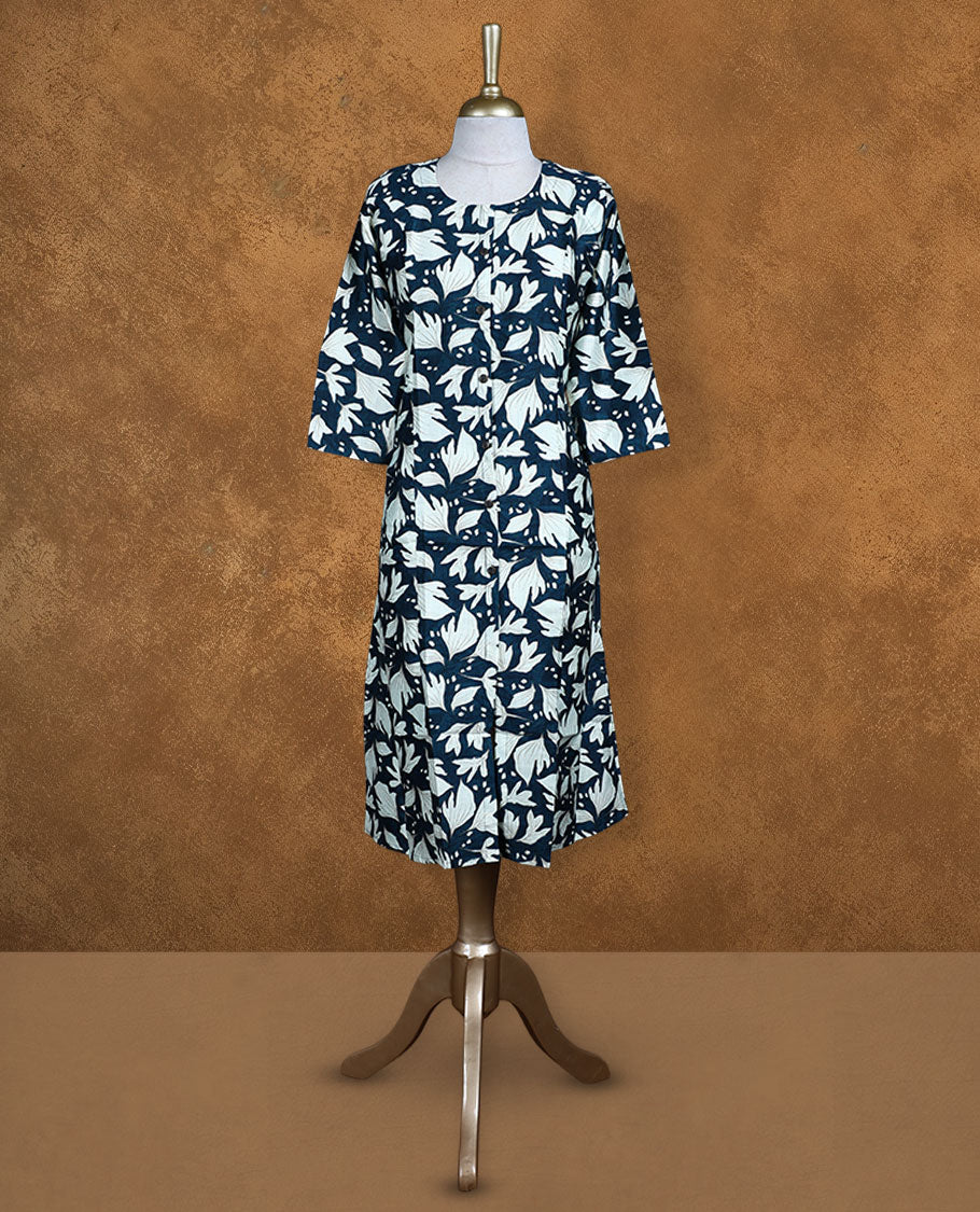 Teal and cream colour kurti with White floral prints, knee length design, styled with a round neckline and a sleeve .