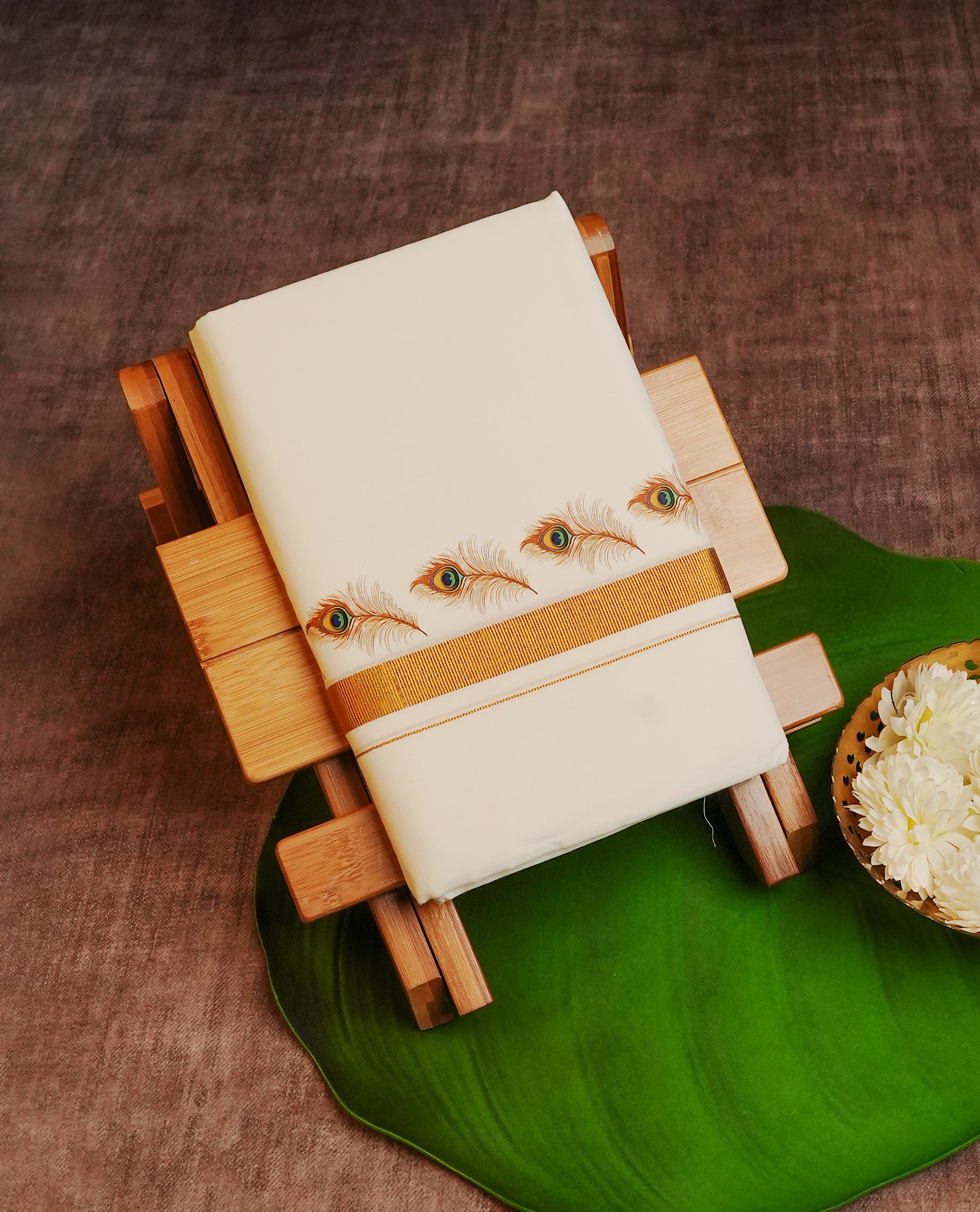 Cream Colour Cotton Double Dhoti Finished With A Classic gold zari kasav & Peacock feather Digital print kara .
