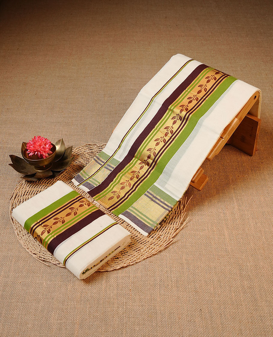 Off white colour Cotton Set Mund featuring a plain body, enhanced by a green and brown woven border with floral vine motifs.