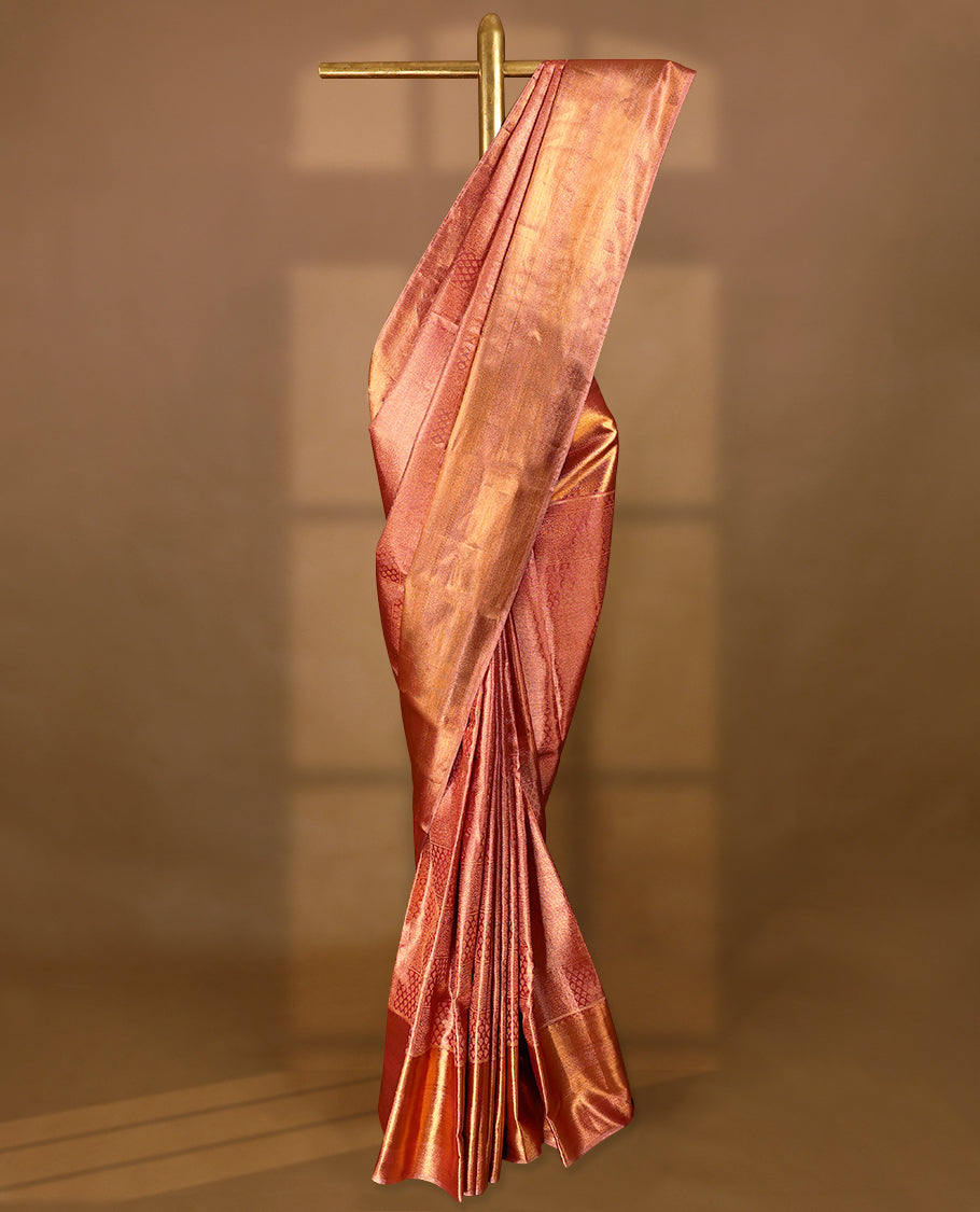 Golden Pink Colour Tissue Silk Saree having Zari Worked Body with Contrast Border and Self Coloured Blouse