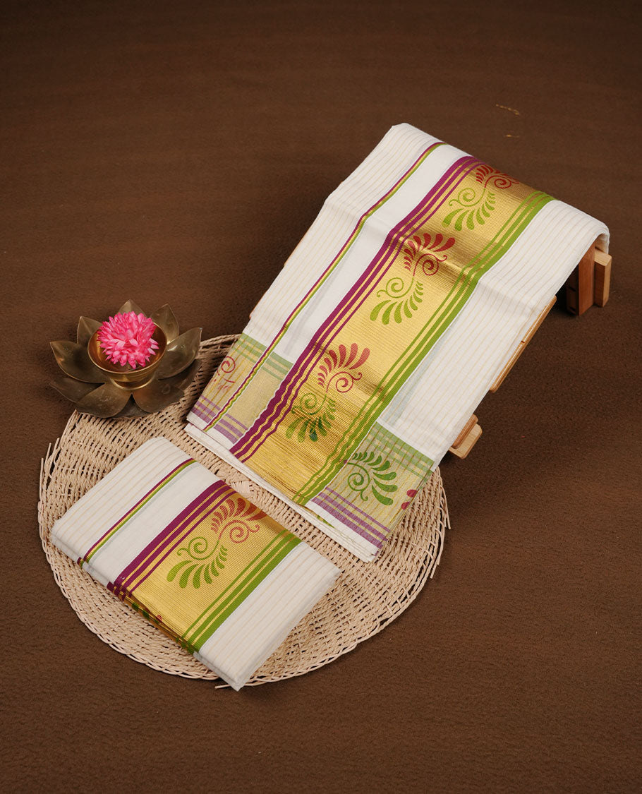 Off white colour cotton set mundu highlights gold and maroon border along with kode print across border (2.00/2.80 MTS)