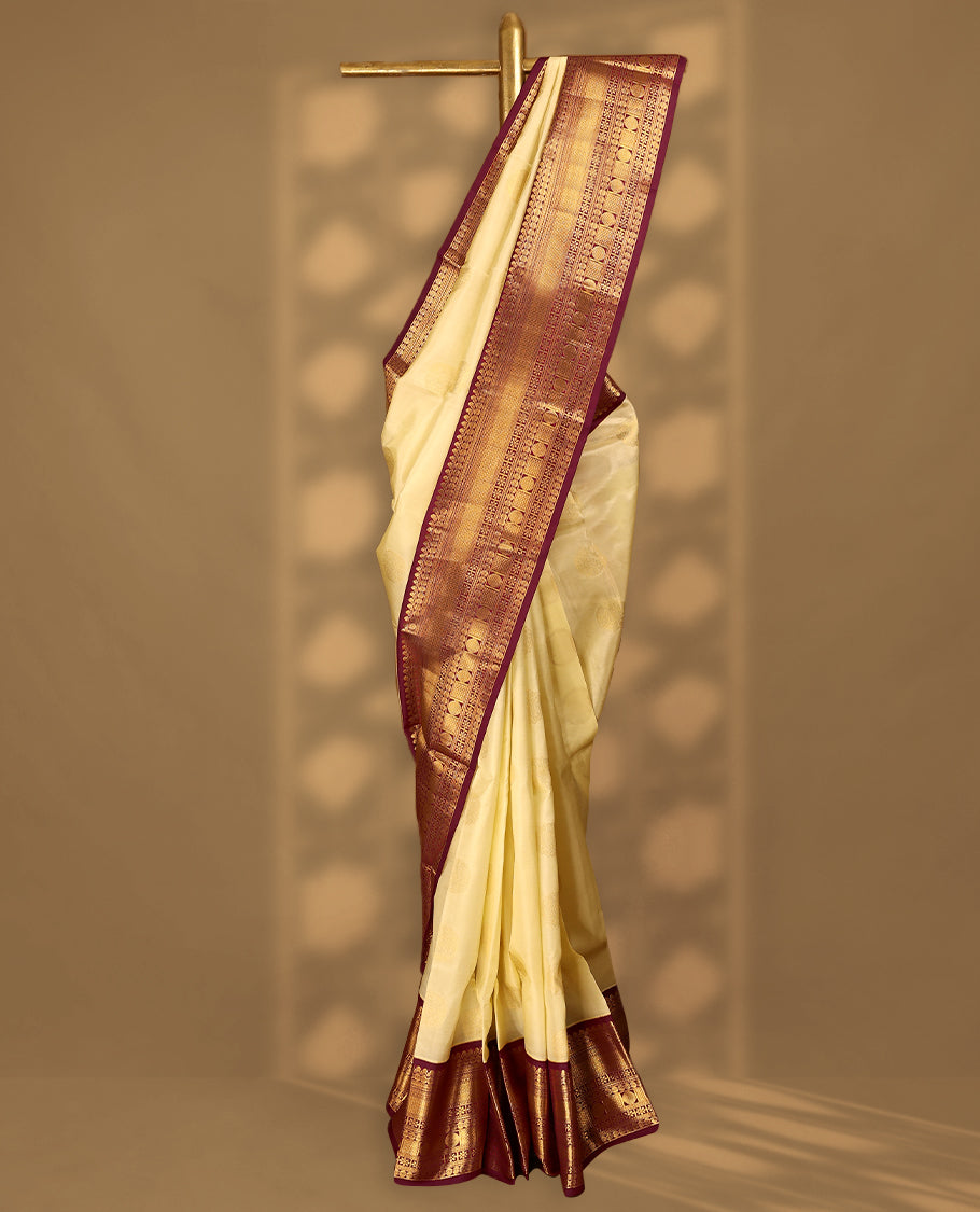 Cream Colour Vasundhara Silk Saree having Golden Round Thread Buttas in Body with Dark Red Border and Blouse