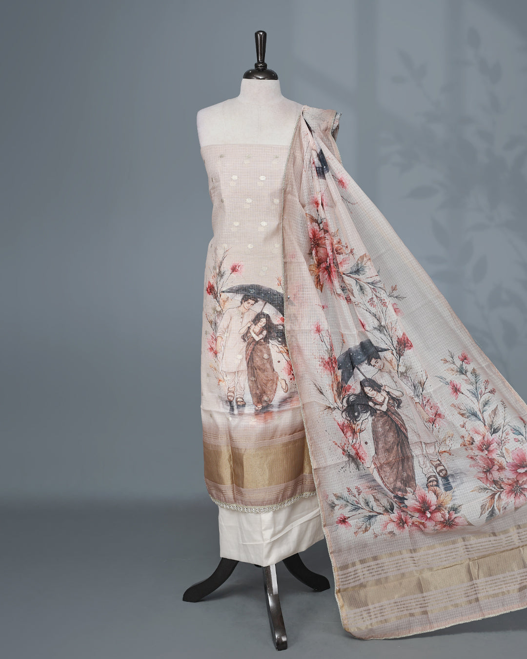 Cream Beige Colour Kotta Net Salwar Material Featuring Elegant Prints with Delicate Butti Detailing on the Kurta, paired with a matching bottom & beautifully printed Dupatta.