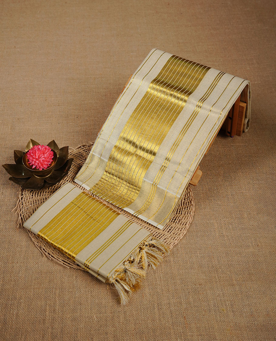 Light Gold colour tissue set mundu highlighting gold zari stripped pattern on body and border