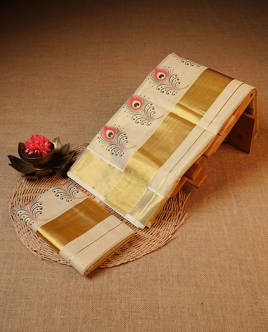 Cream colour Tissue silk set mund Featuring Elegant plain body, Complemented by Peacock print with zari border.