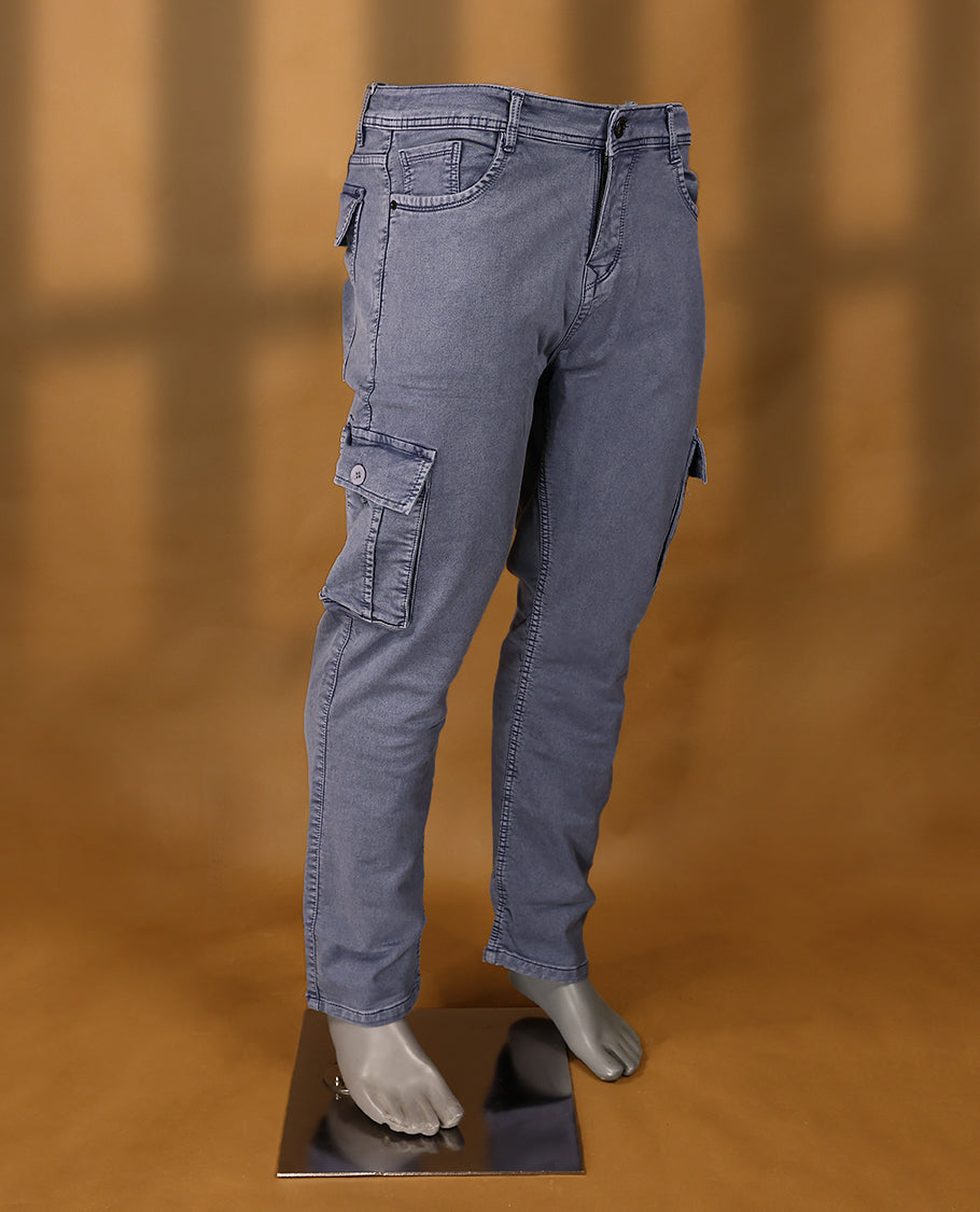 Faded blue colour High Quality HMN JNS Denim baggy cargo round pocket for men.