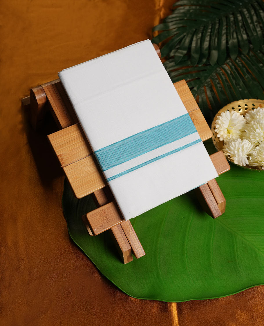 White Colour Pure Cotton single Dhoti with Cyan Colour Border for Men