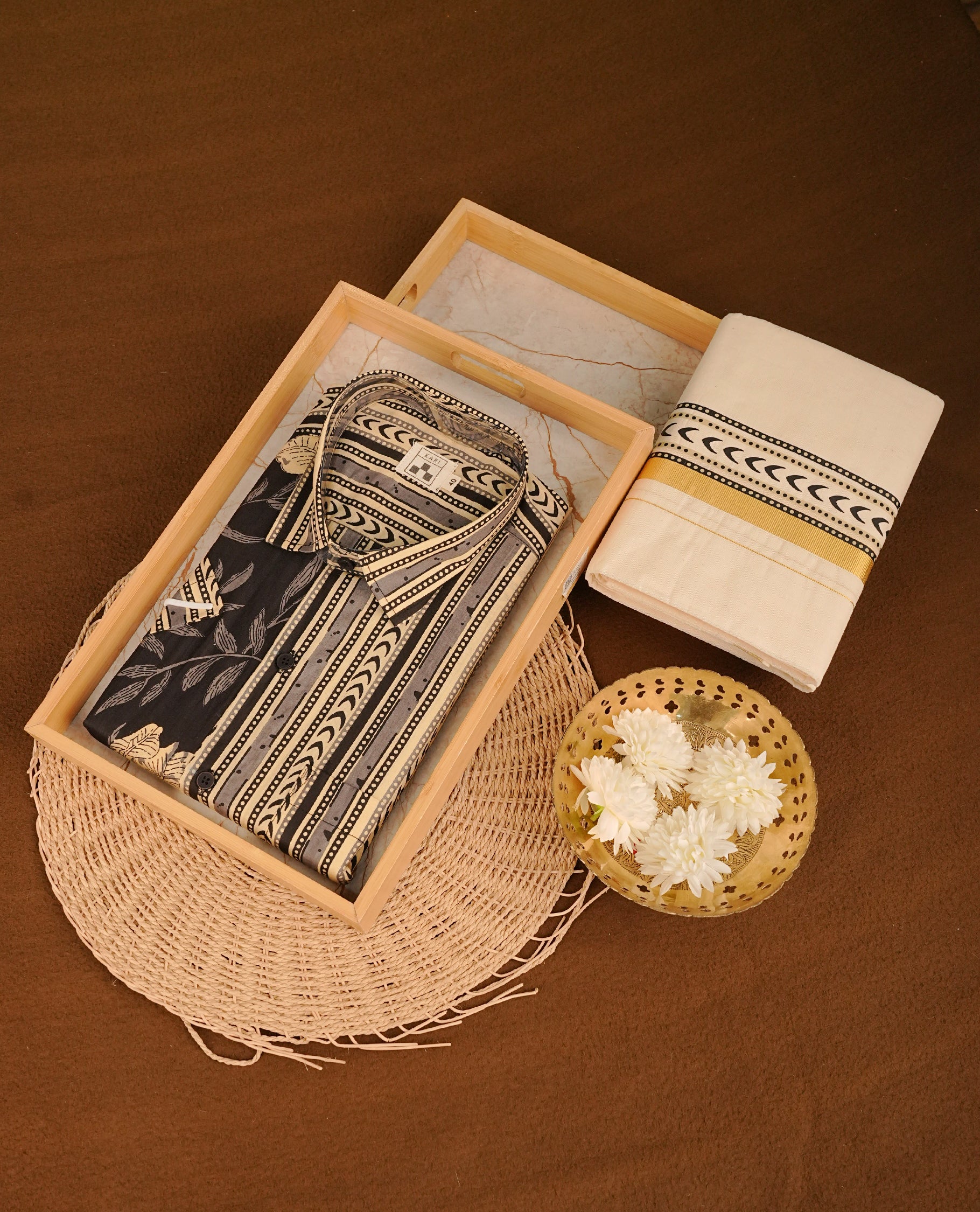 Grey & Cream colour shirt featuring Strips Pattern printed body, paired with cream colour double dhoti featuring gold zari with printed border.
