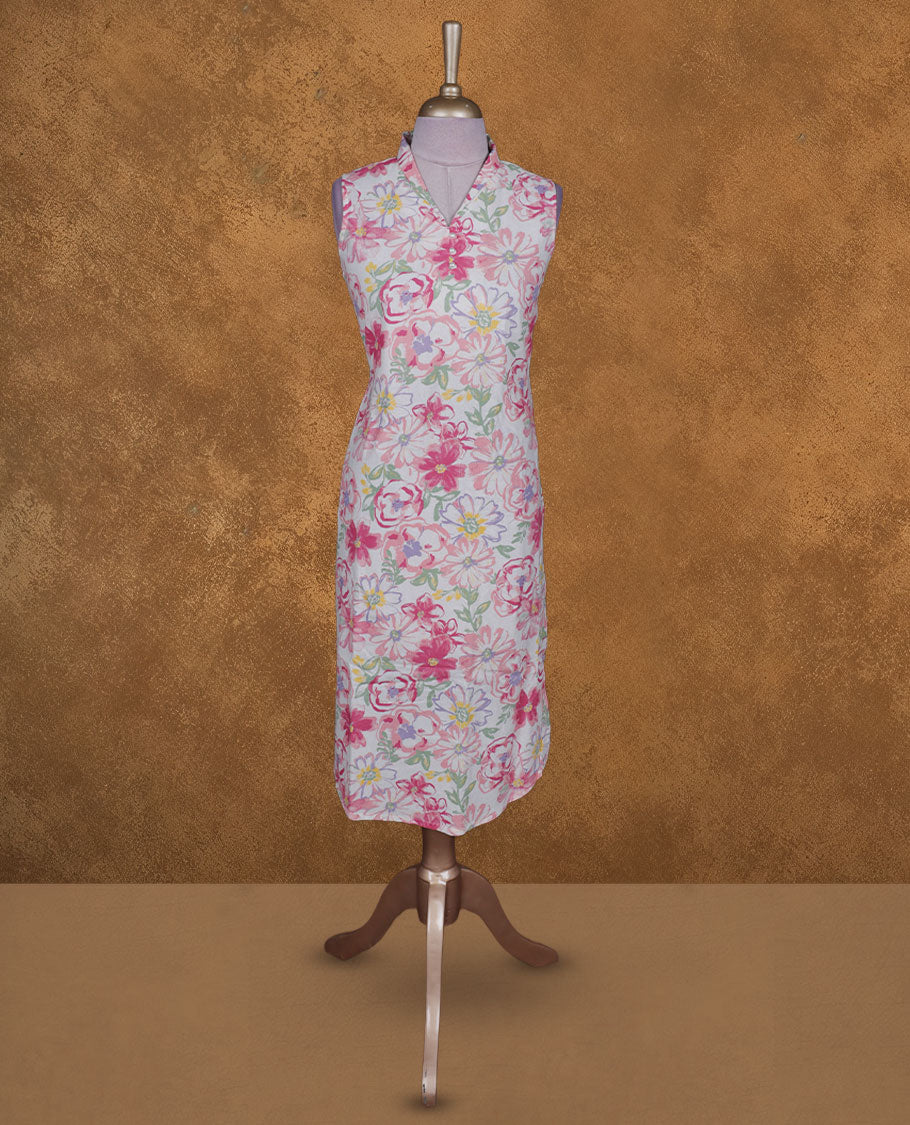 Off white colour kurti by VISMAY with vibrant multicolour floral prints, knee length design, styled with a V collar neckline and a sleeveless finish.