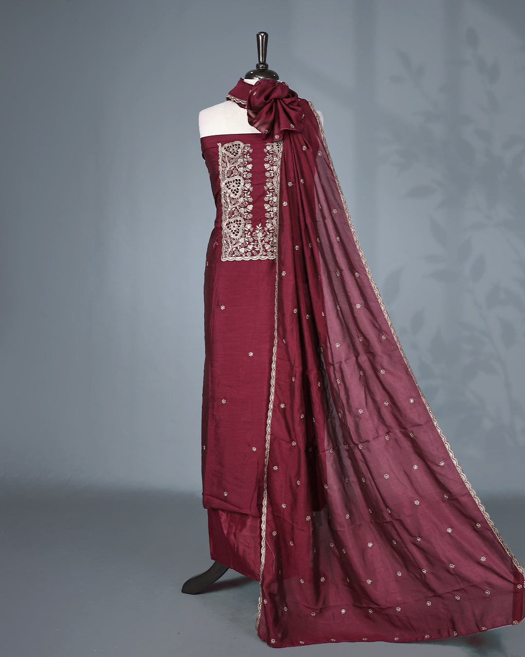 Maroon Colour Vijitra Silk Salwar Material Featuring Elegant White Thread Embroidery on the Front Panel, paired with a matching bottom & graceful embroidered Dupatta.
