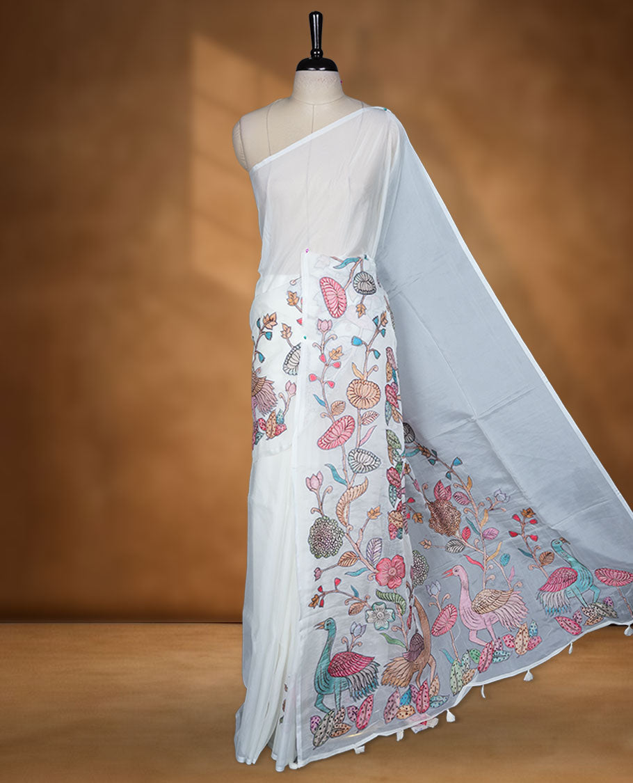 Ivory white colour organza saree featuring multicolour floral and bird printed motifs on the pallu with a subtle fine border, paired with a matching printed blouse.