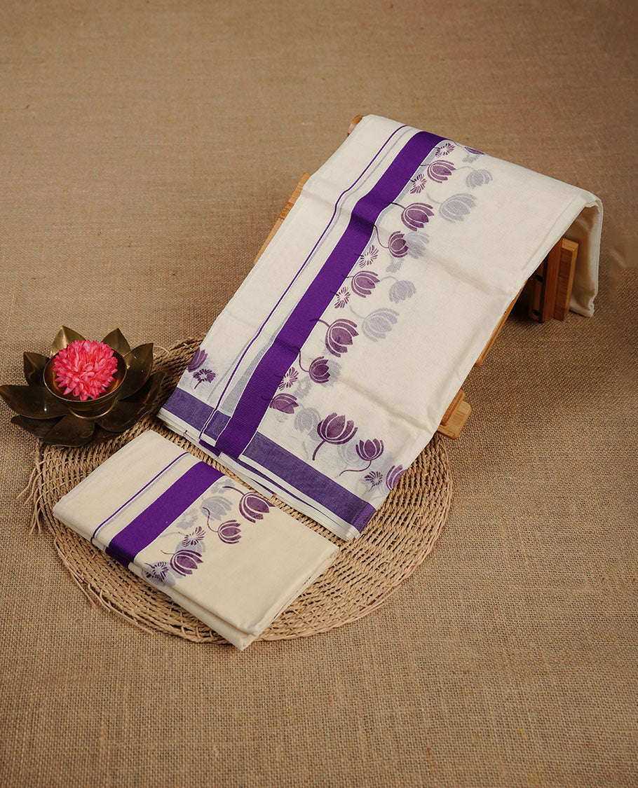 Cream colour cotton set mundu highlighting Purple colour lotus printed & border