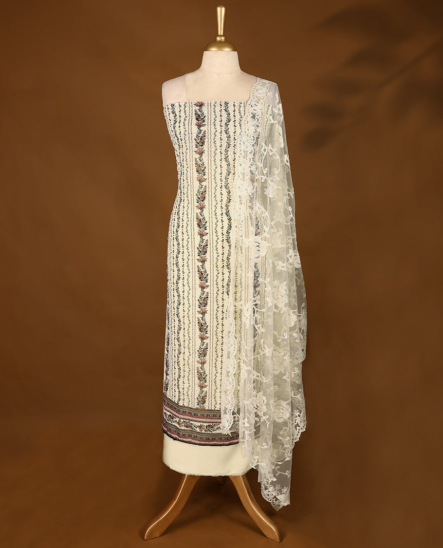 Cream Colour, Thread Worked Top having Dark Colour Prints with Bottom and Thread Worked Dupatta