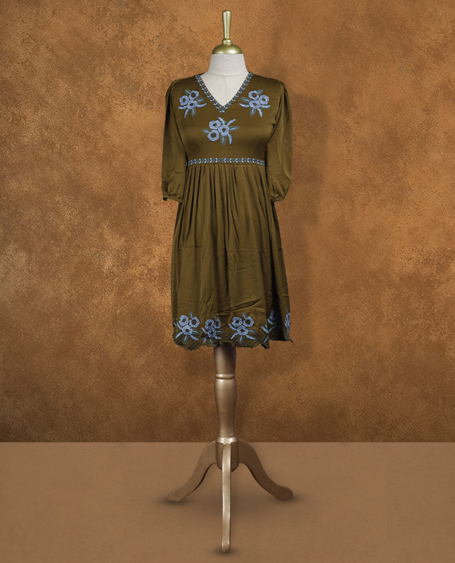 Olive green knee-length A-line dress with V-neckline, powder blue floral embroidery on yoke and hem, and elbow-length gathered sleeves