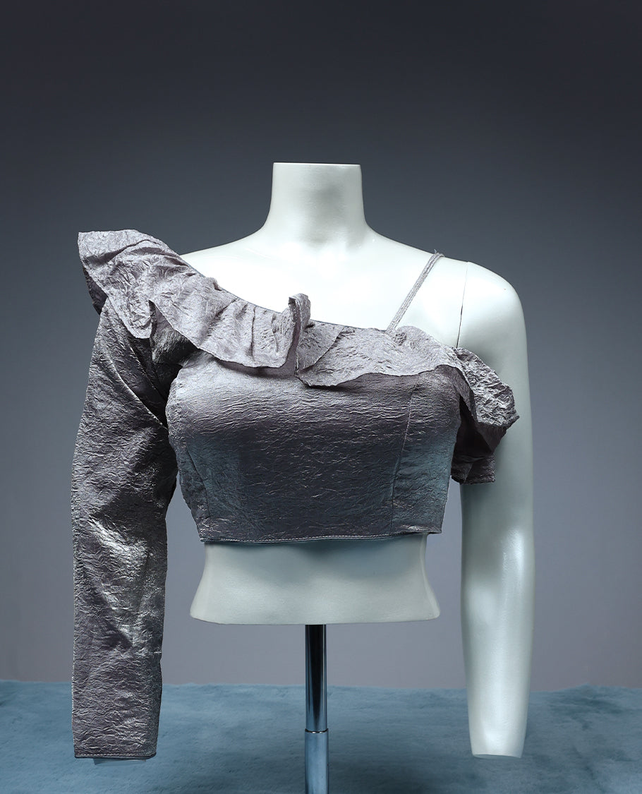 Grey Colour, Single Sleeve Frill Design, Padded, Ready Made Blouse.