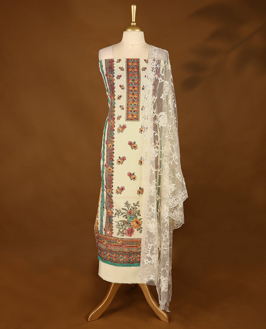 Cream Colour, Mirror Worked Top having Multi Colour Prints & Green Border with Bottom and Thread Worked Dupatta