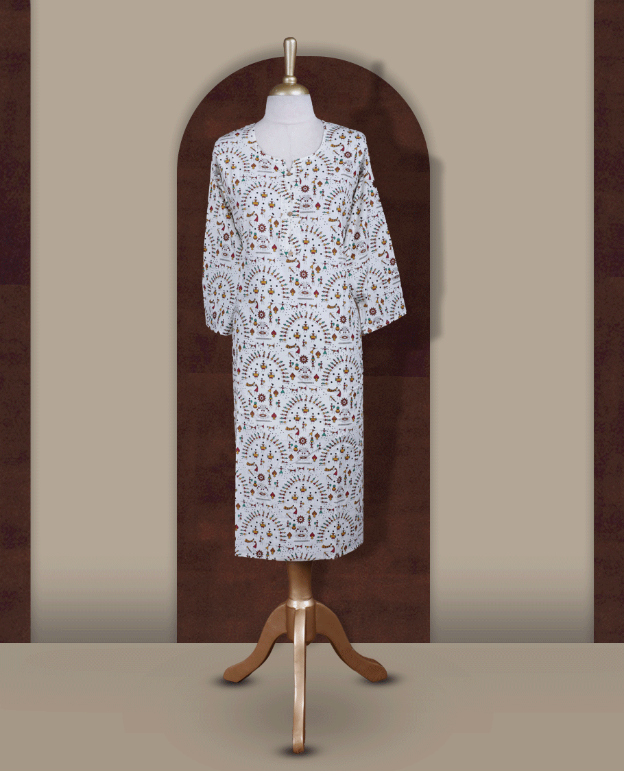 Off white colour printed kurthi featuring intricate multicolour traditional motifs, Crafted from soft cotton for all day comfort, it comes with a round neckline, 3/4th sleeves.