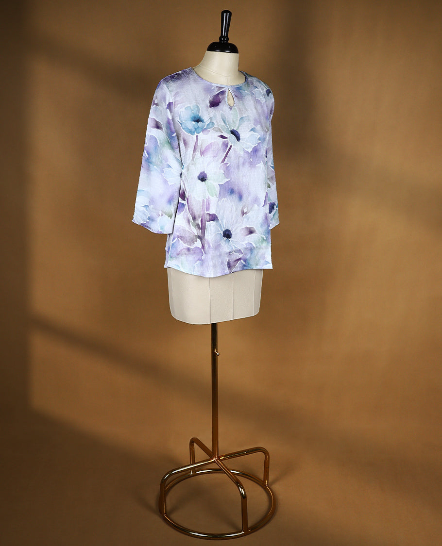 Light Purple Colour Readymade Floral Printed Short Top For Women with 3/4th Sleeves