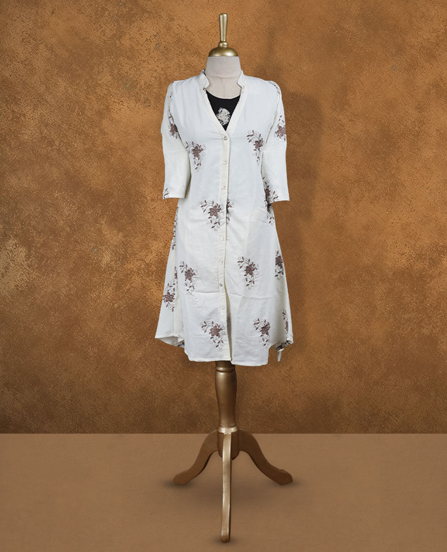 Cream floral printed nightwear shirt dress with band collar, front button placket, three-quarter sleeves, and contrast black inner layer at neckline