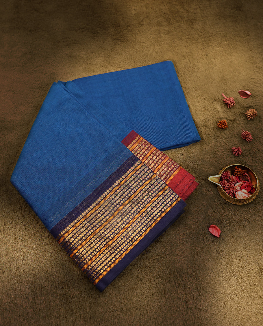 Blue Colour Mixed Chettinad Cotton Saree having plain Body with Ganga Jamuna Border and Self Coloured Blouse
