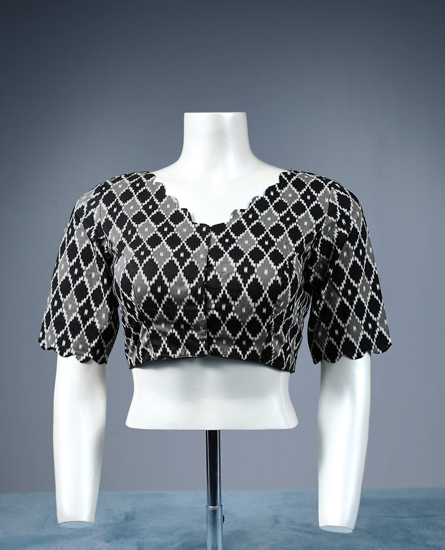 Black and grey colour Pochampally design V-neck 2/4th sleeve padded readymade blouse