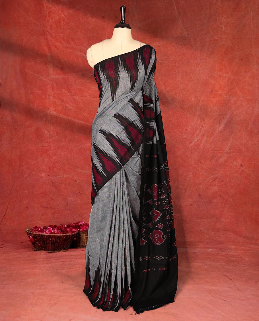 Grey and black colour Ikkat Pochampally saree featuring maroon & black abstract ikkat patterns on the body, traditional geometric ikkat design on the pallu, without Blouse