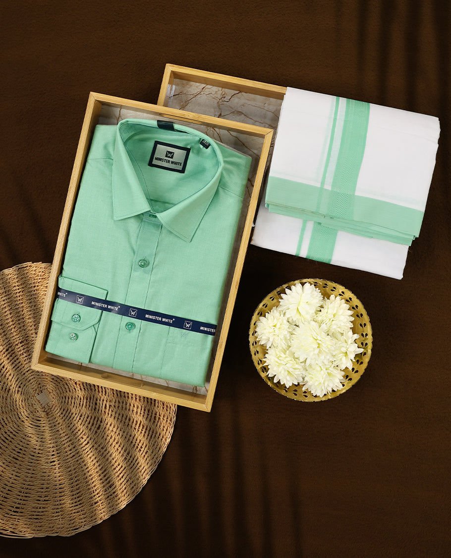 Pista Colour full sleeve shirt and white dhoti set featuring a coordinated Pista Green zari border designed for a stylish and traditional look ideal