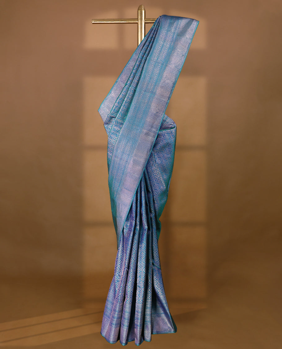 Dual Shade Peacock Colour Kancheepuram Wedding Silk Saree having Worked Body and Border with Self Coloured Blouse