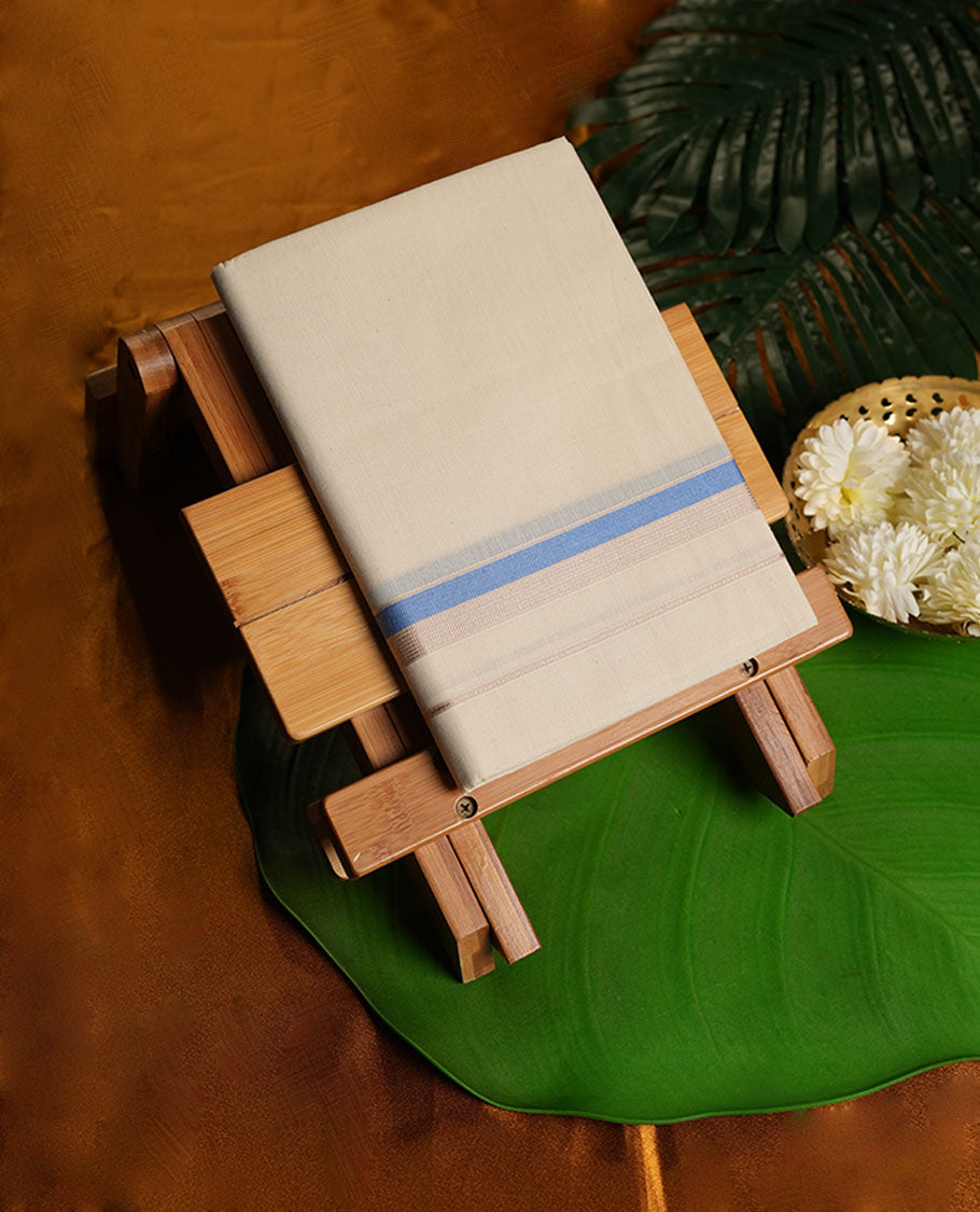 Cream Colour Pure Cotton single Dhoti with Blue and silver Colour Border for Men