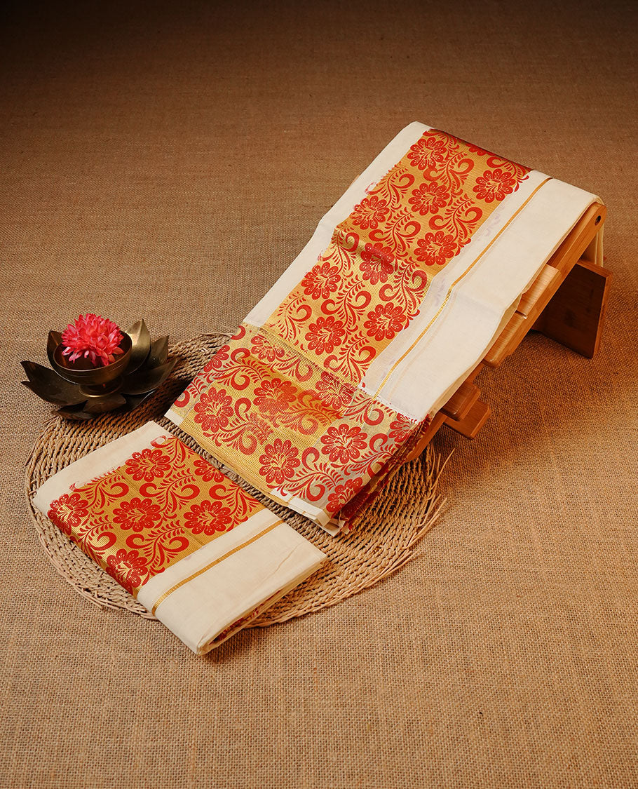 Off white colour Cotton Set Mund featuring a plain body, enhanced by a red floral printed border with gold detailing.