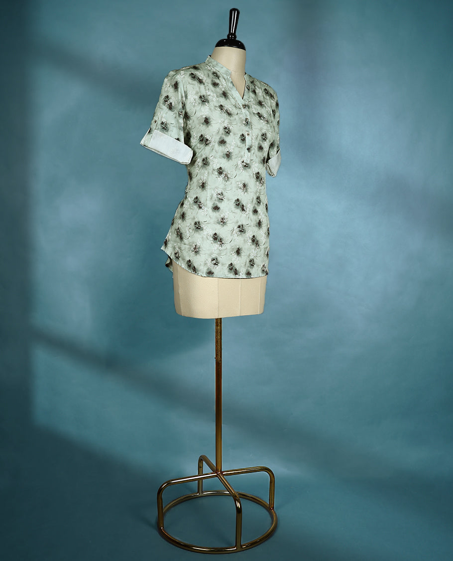 Pastel Sage Green Colour Floral Printed Mandarin Collar Short Sleeve Top for Women.