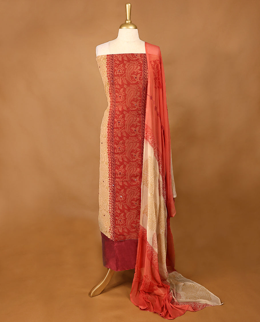 Sandel Colour Georgette Top having Mirror Work with Bottom and Printed Georgette Dupatta