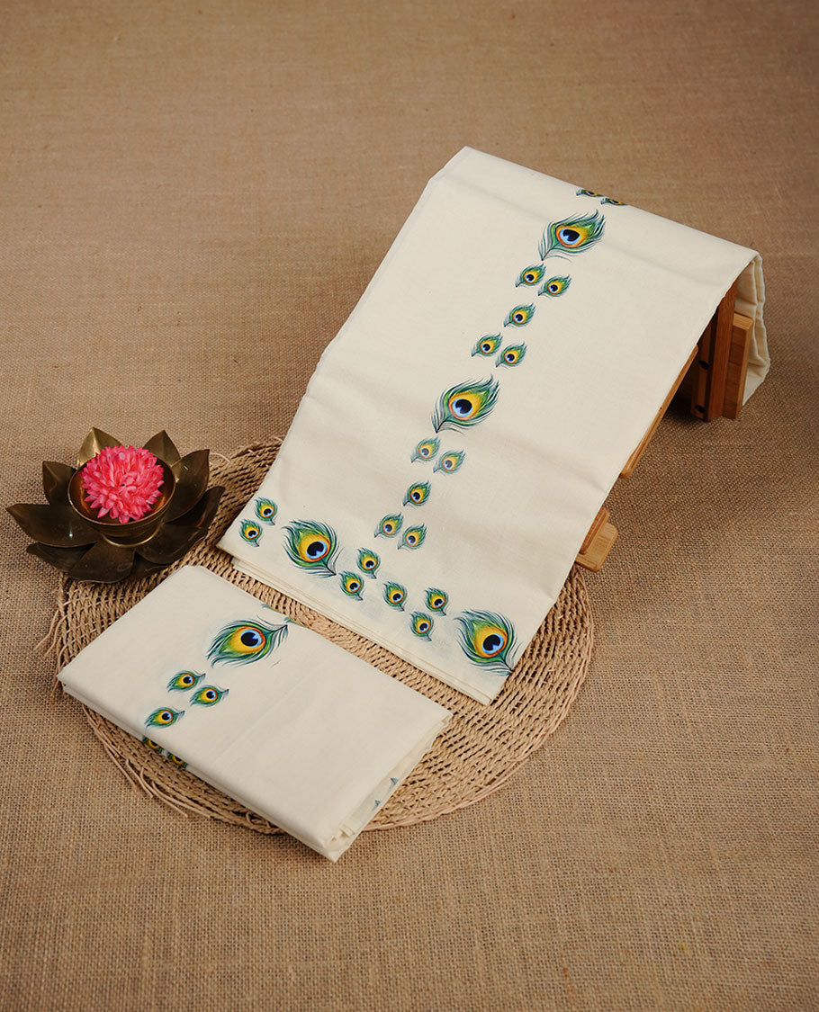 Cream colour cotton set mundu highlighting Peacock leaf printed border.