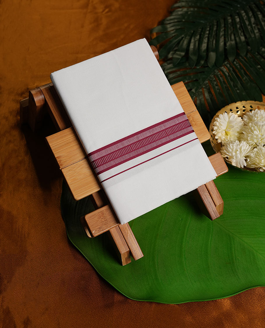 Cream Colour Pure Cotton single Dhoti with Maroon Colour Border for Men