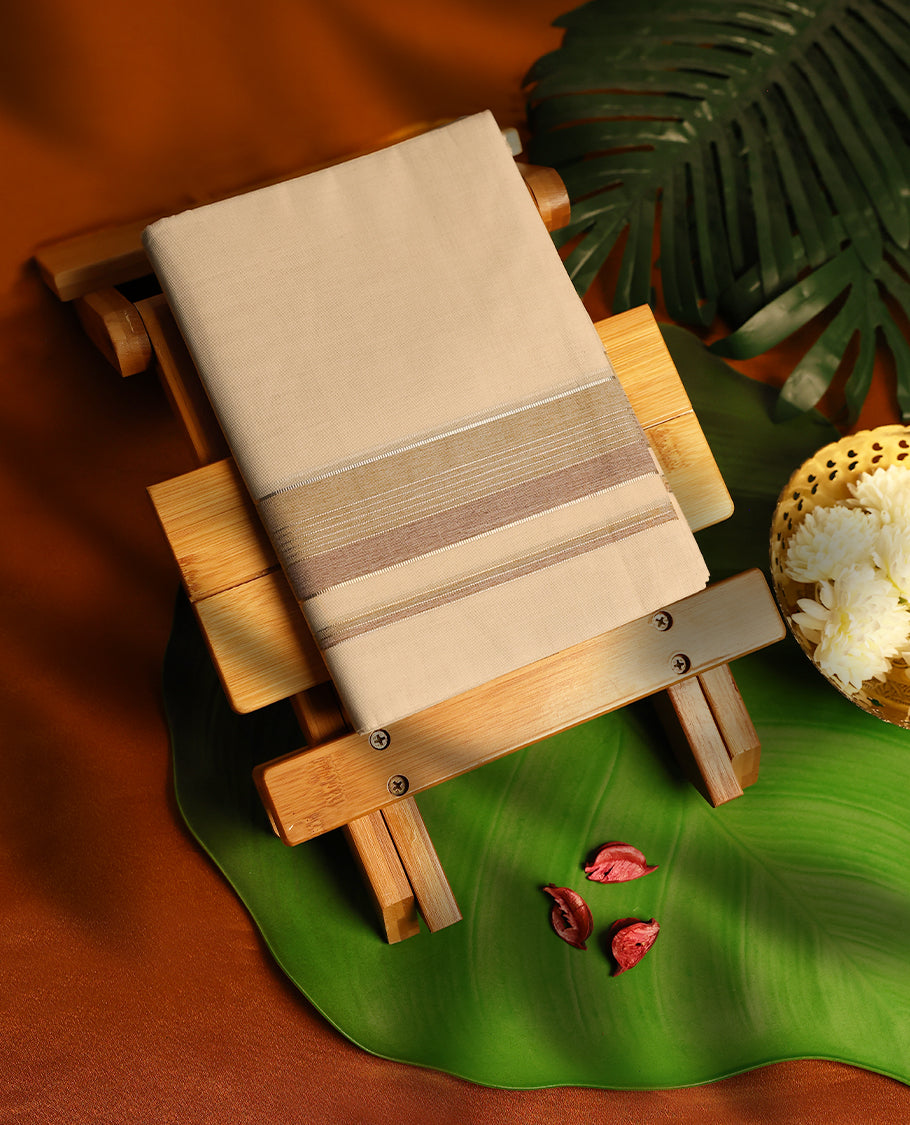 Light ivory Colour cotton double dhoti with Pastel Olive and Brown kara, crafted for traditional elegance & comfort, for men.