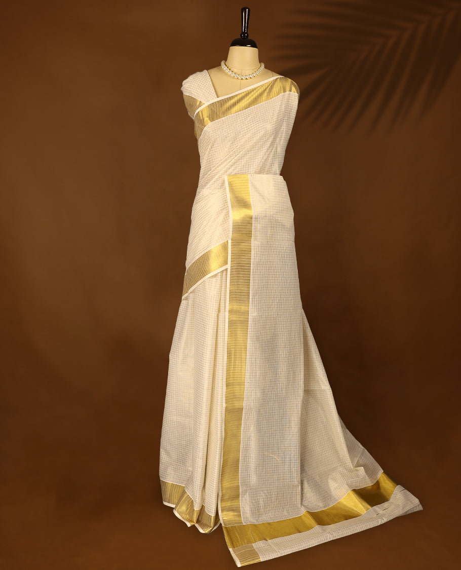 Kerala cotton saree with fine Small golden Checks and Golden border with Matching Blouse