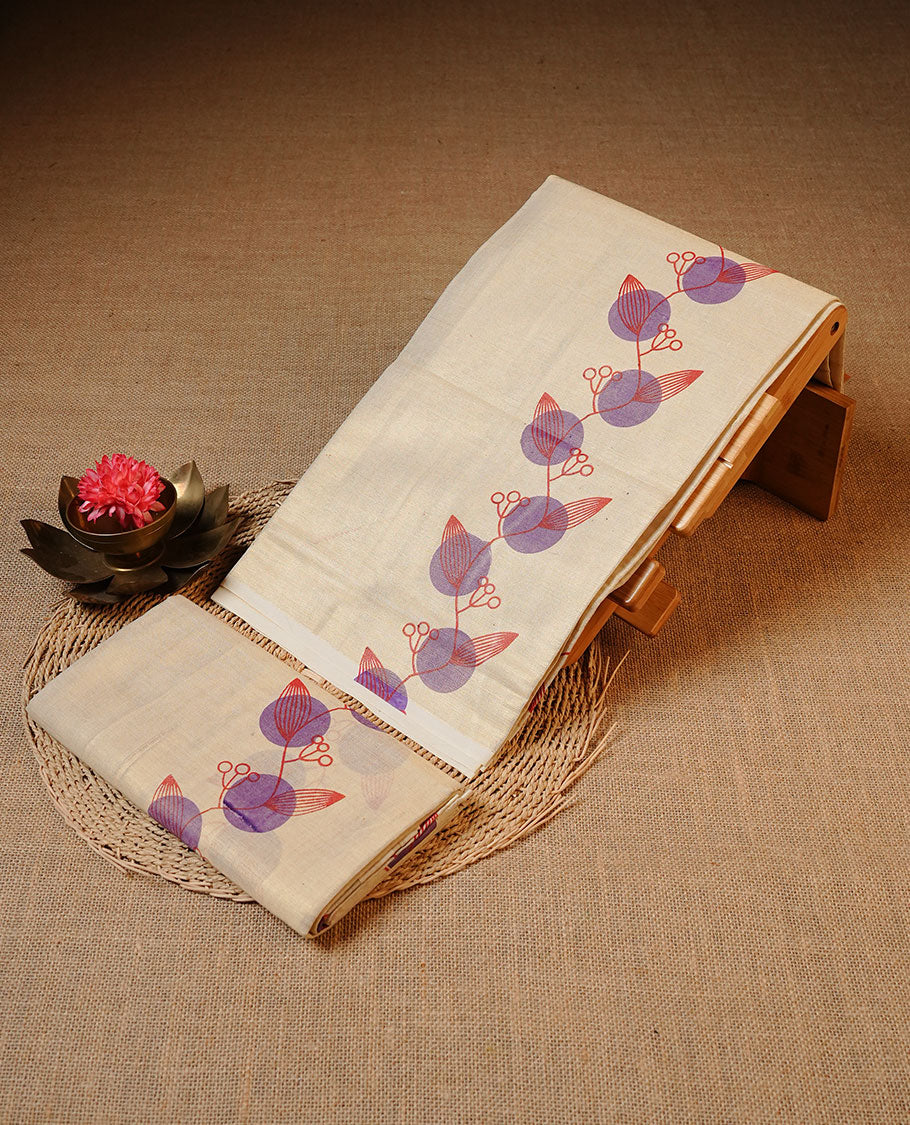 Cream colour Tissue silk set mund Featuring Elegant plain body, Complemented by Kodi with Circle design border.