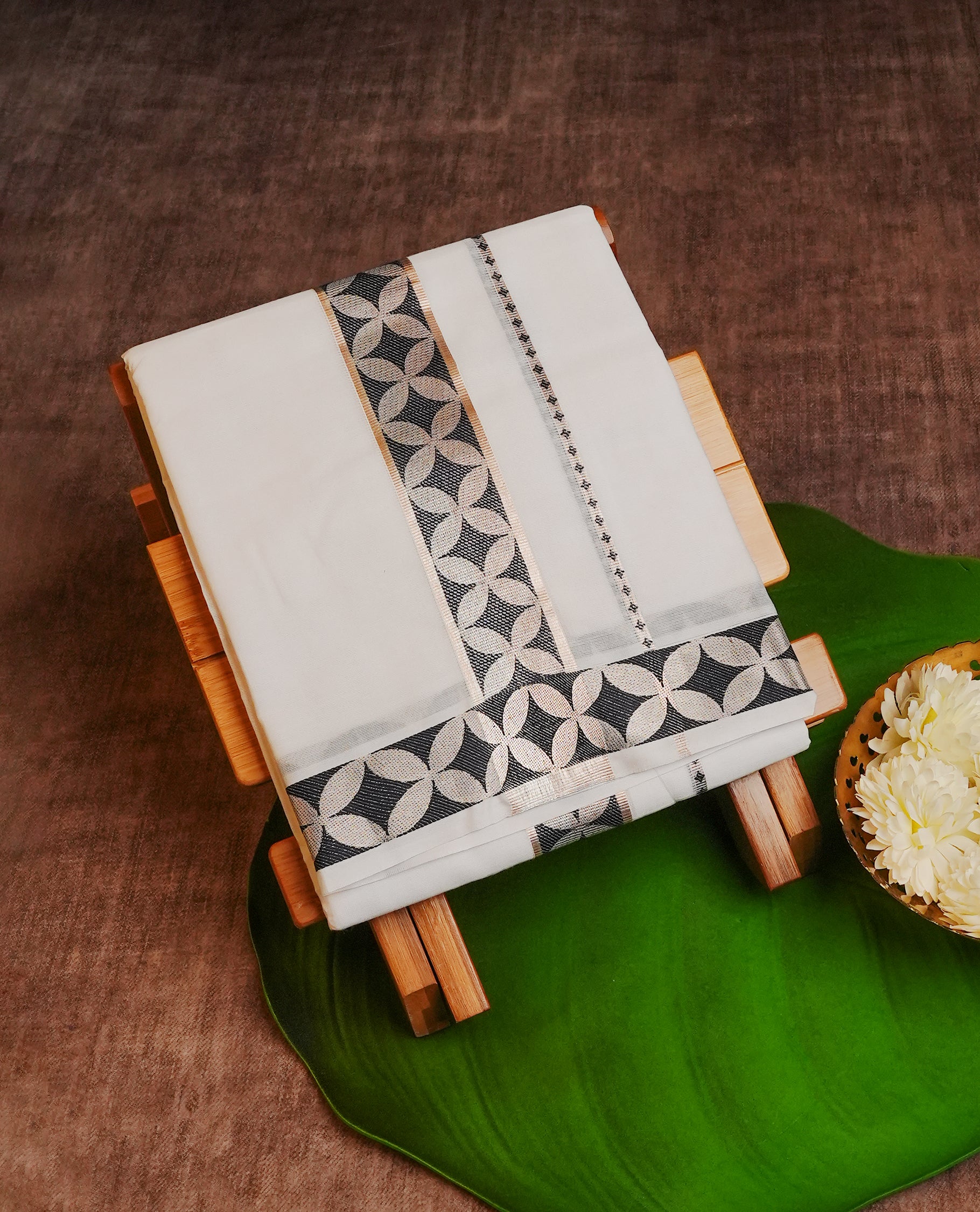 Off White Colour Cotton Double Dhoti Finished With A Classic Silver Zari & Blue Kara.