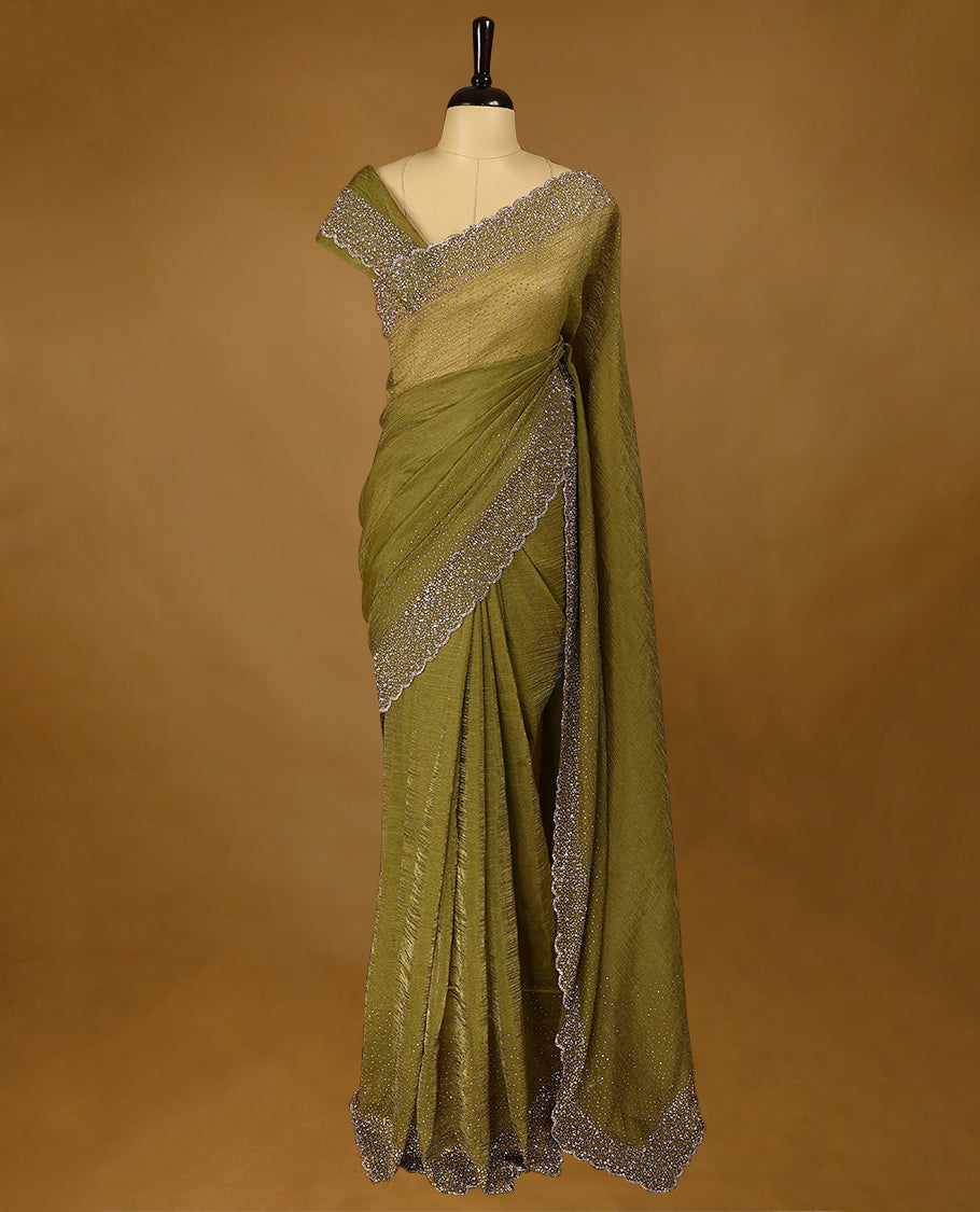 Mehandi Colour Designer Saree having Beads and Stone Worked Body with Border and Blouse