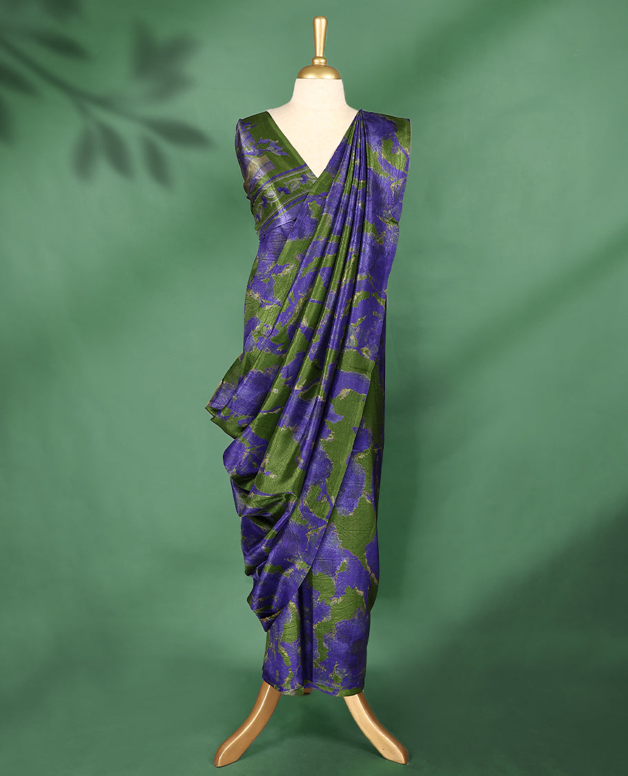 Purple colour Manipuri saree with bold green abstract patterns, without border, and comes with a matching blouse.