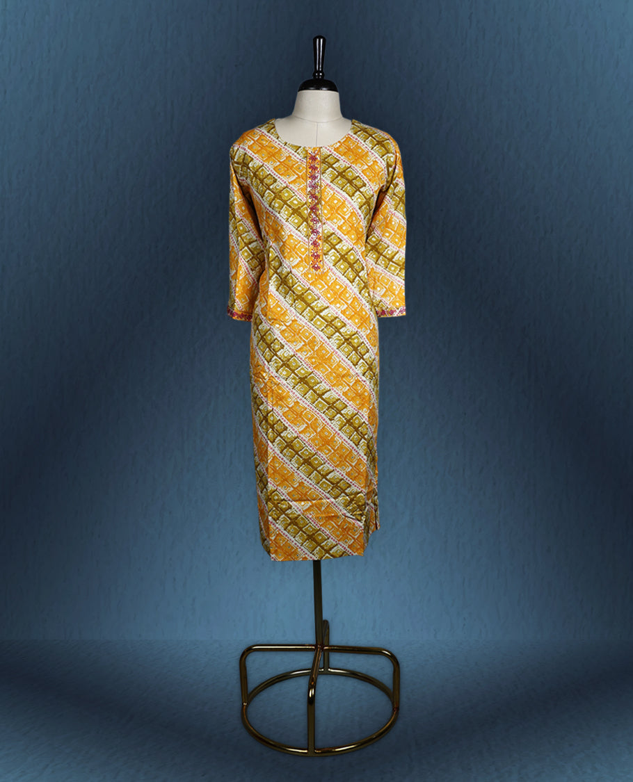 Multicolour kurti in shades of yellow, orange, and olive green, featuring an all over diagonal geometric print, accented with a round neckline and contrast embroidered placket, paired with three quarter sleeves