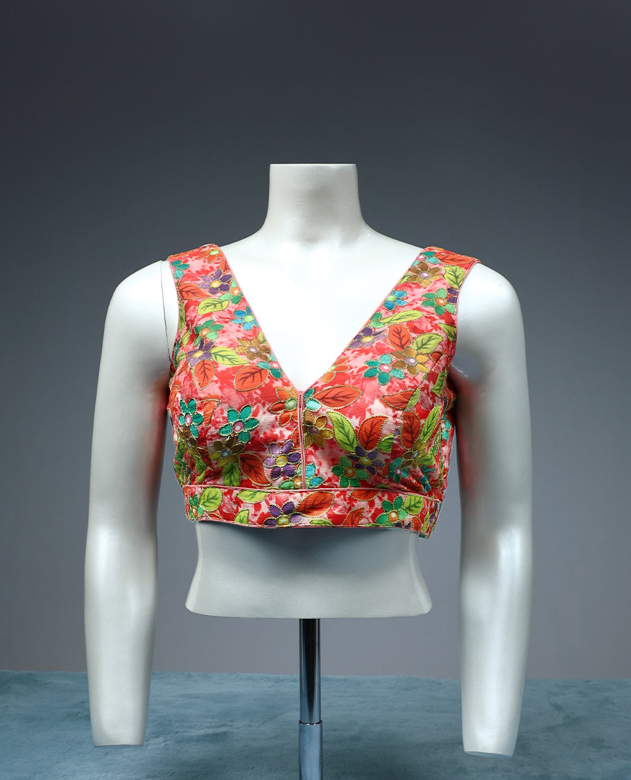 Rose Pink Colour, Contrast Colour Floral Thread Work, V Neck, Attachable Sleeves, Padded, Ready Made Blouse