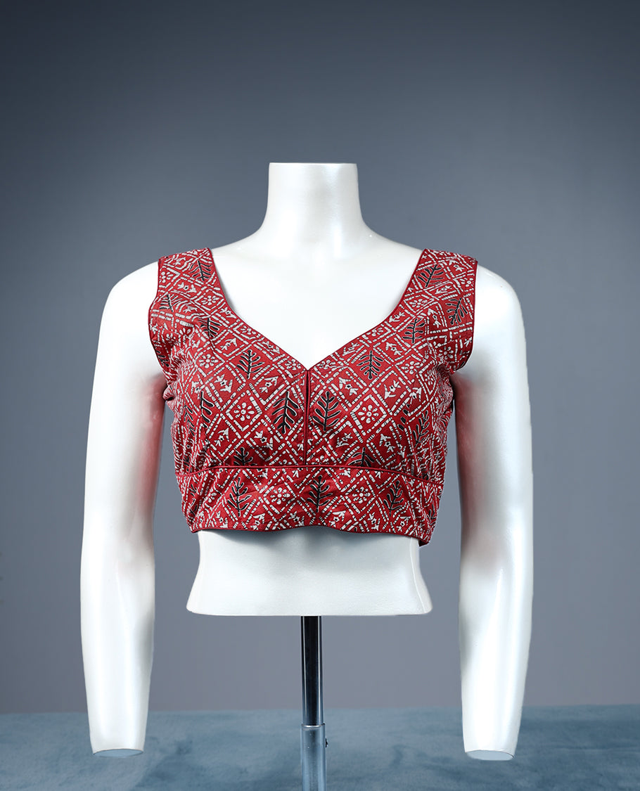 Dark Red Colour Multi Print, Deep Neck, Attachable Sleeves, Padded, Ready Made Blouse.