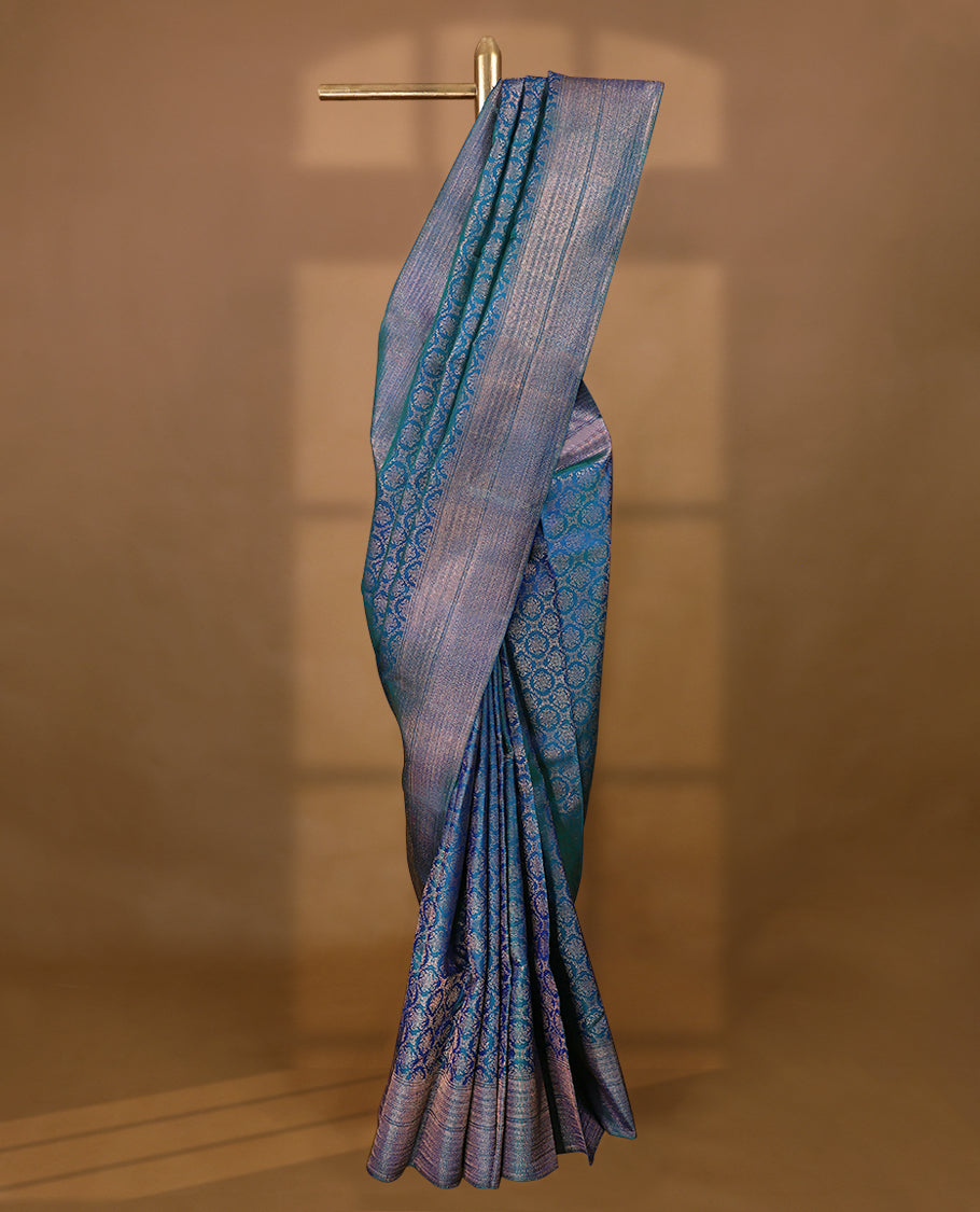 Peacock Blue Colour Kancheepuram Wedding Silk Saree having Floral Zari Worked Body with Border and Self Coloured Blouse