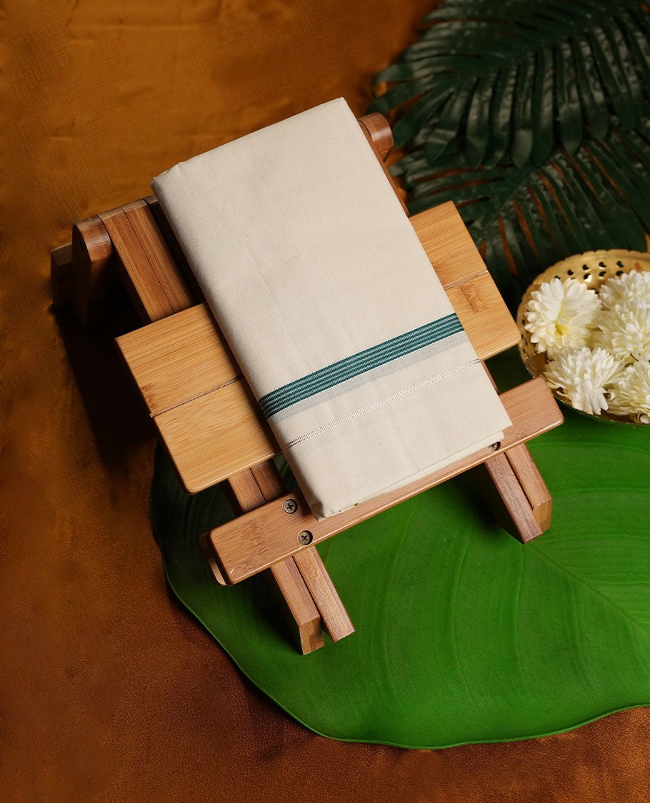 Cream Colour Pure Cotton single Dhoti with Dark green and silver Colour simple Border for Men