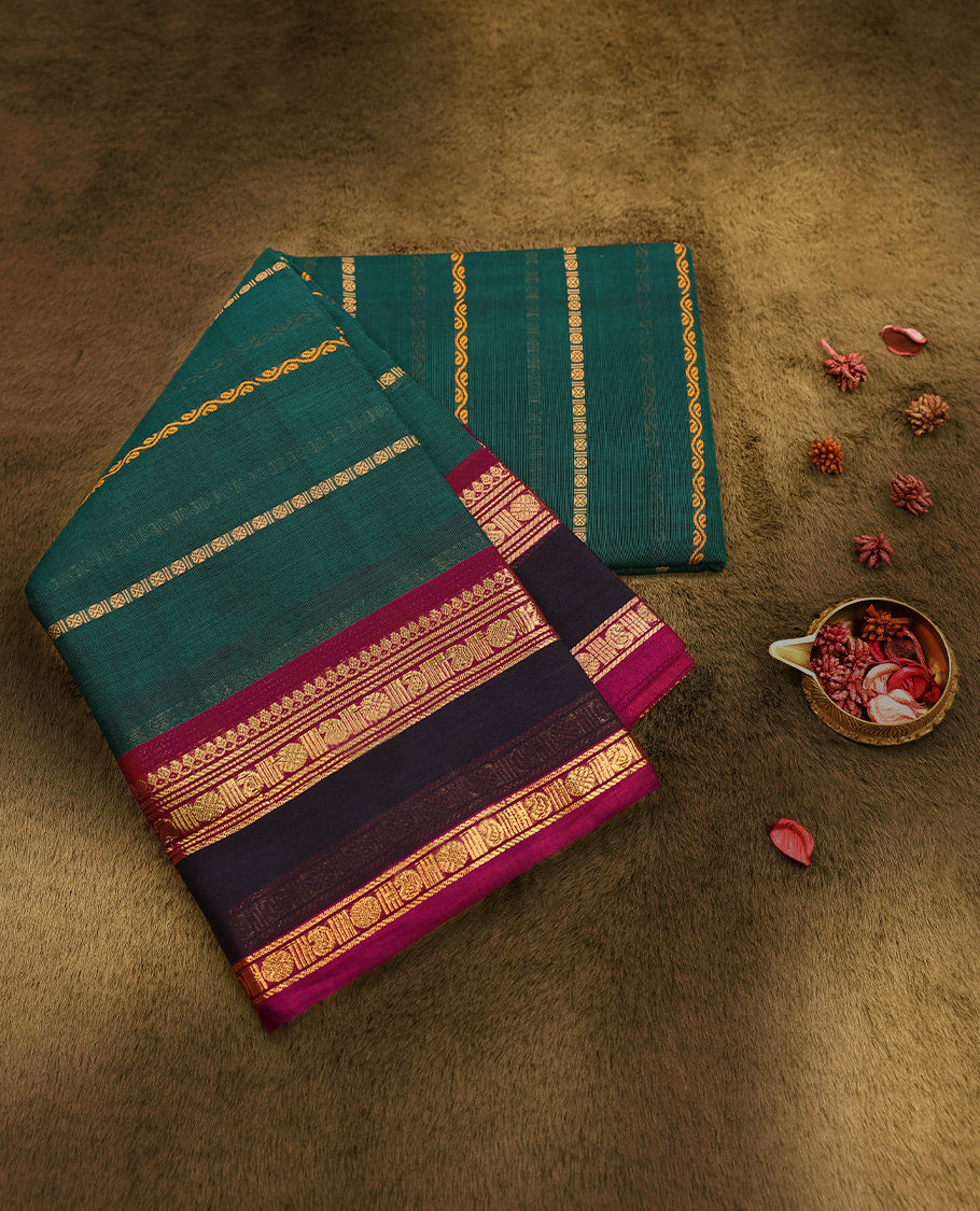 Rama Green Colour Mixed Chettinad Cotton Saree having Thread Worked Body with Contrast Border and Self Coloured Blouse