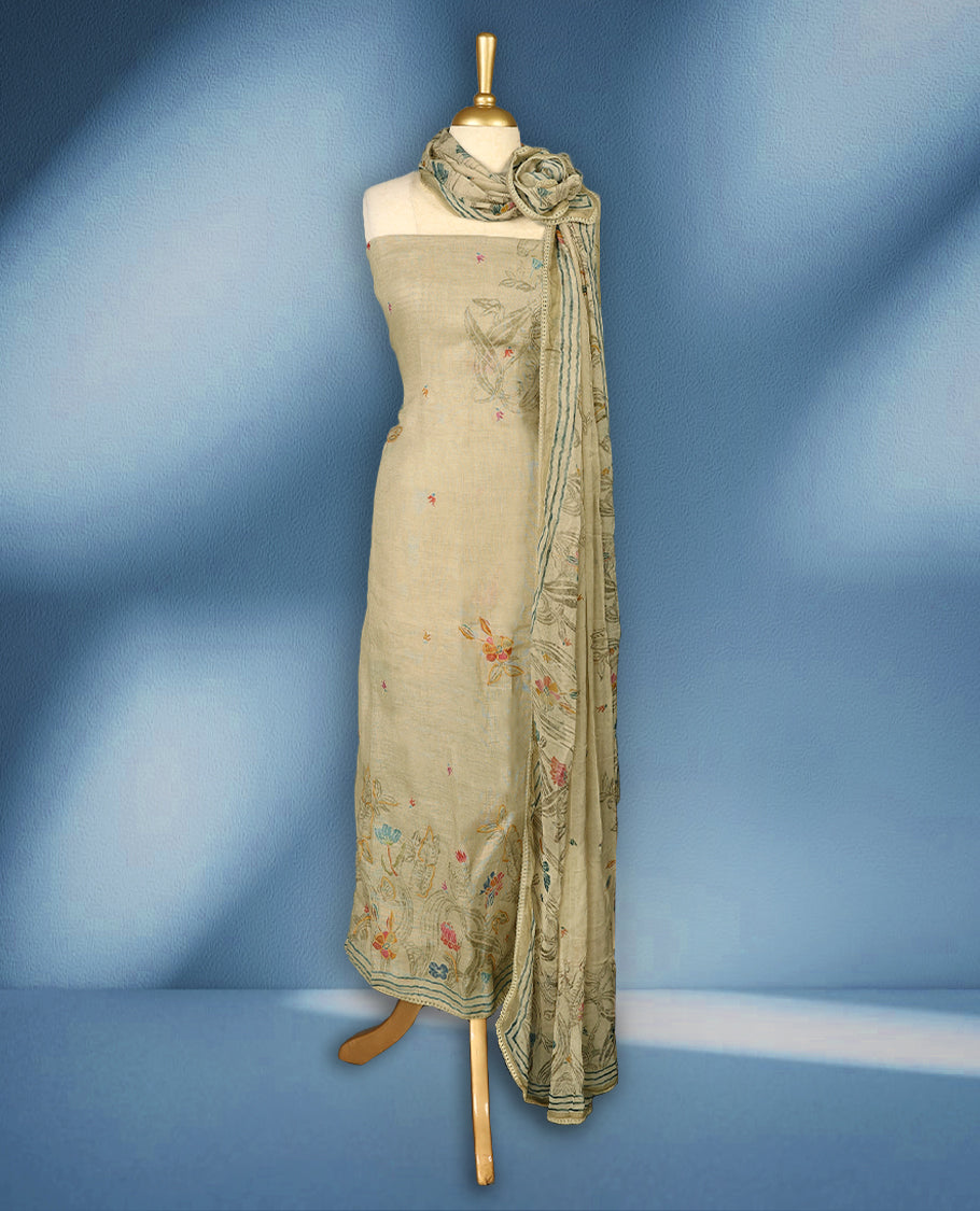 Light pastel olive colour premium pure linen printed top with hand embroidery crochet lace on daman and sleeves, premium cotton Bottom & pure chiffon printed with crochet lace border Dupatta