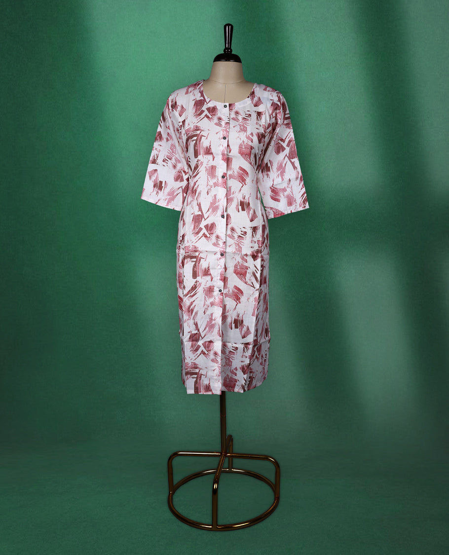 White cotton kurti with abstract Pastel maroon brushstroke prints, featuring a round neckline, front button detailing, and elbow length sleeves a stylish choice for casual daywear.